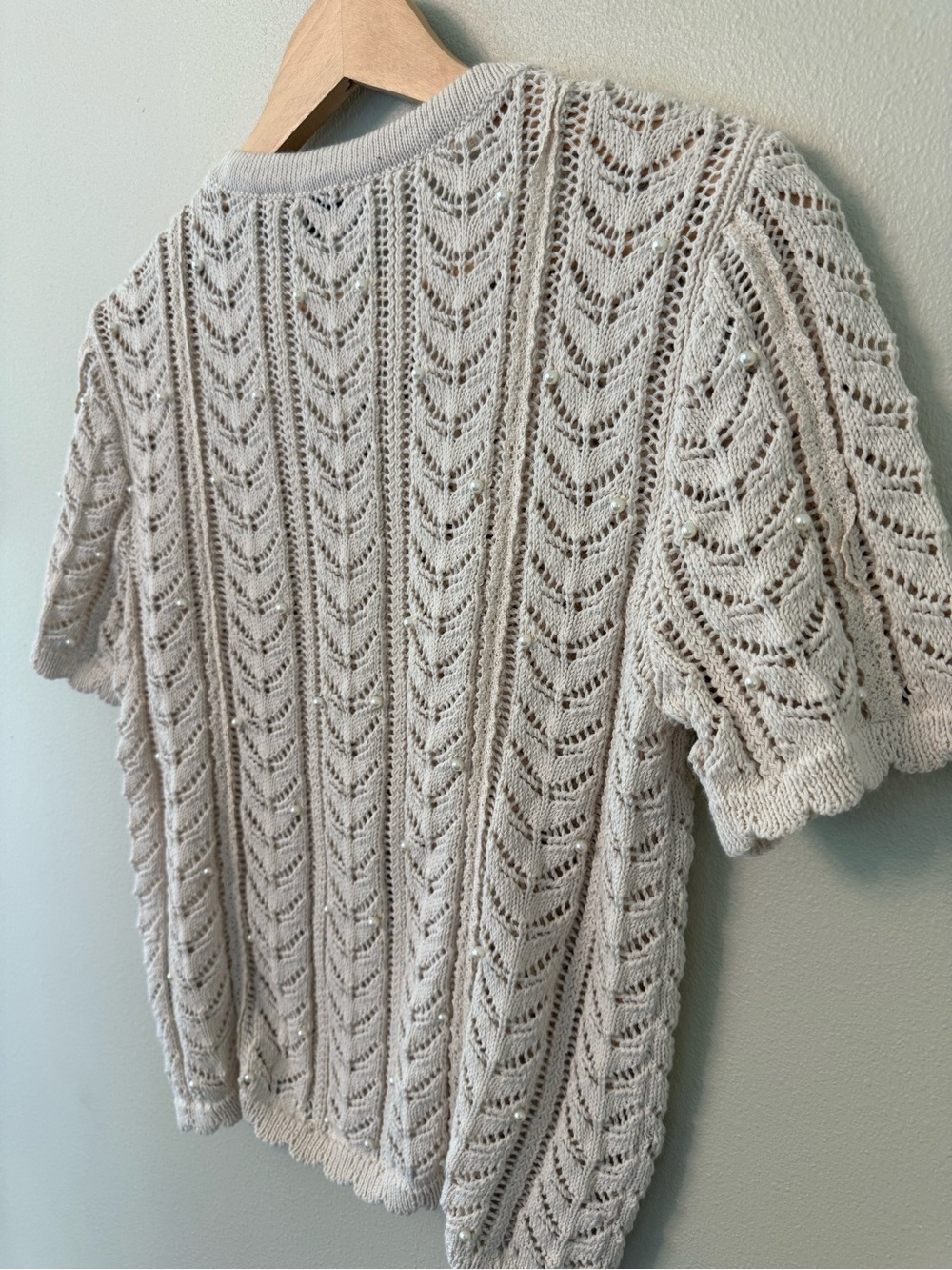 Jason Wu Pearl Pointelle Lace Cardigan Sweater Beige Scallop Short Sleeve M - Picture 7 of 9